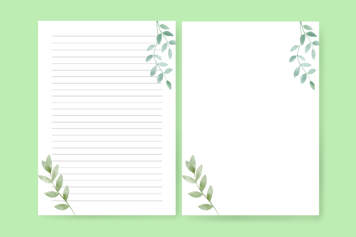 Green Leaves Printable Stationery Minimalist Writing Paper Etsy
