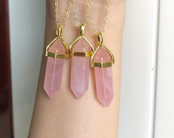 Rose Quartz Crystal Point Necklace, Gold Plated Chain