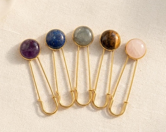 Gemstone Safety Pin Brooch, Gold Tone Amethyst Lapis Rose Quartz Boho Scarf Pin 8cm