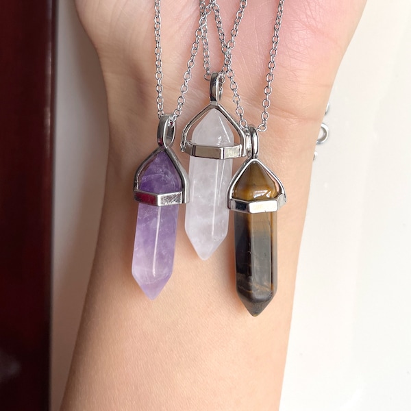Beginner Crystals for Kids Amethyst Necklace Clear Quartz Necklace Tiger Eye Necklace Valentines Day Gift for kids