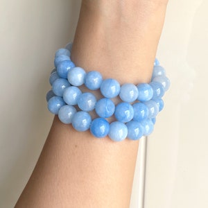 Aquamarine Beaded Stretch Bracelet, Light Blue Round Gemstone Bracelet, March Birthstone Jewelry