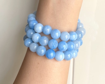 Aquamarine Beaded Stretch Bracelet, Light Blue Round Gemstone Bracelet, March Birthstone Jewelry