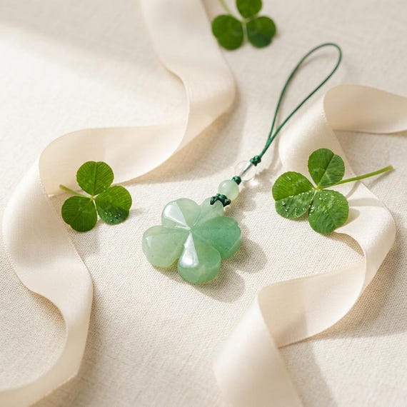 Green Aventurine Clover Charm, Natural Stone Shamrock Phone Strap, Botanical Crystal Bag Charm