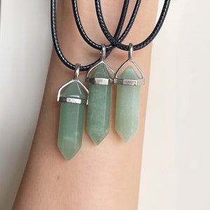 Handmade Jewelry Black Leather Green Aventurine Crystal Points Pendant Necklace Crystal Earrings Personalized gifts Best friend gifts