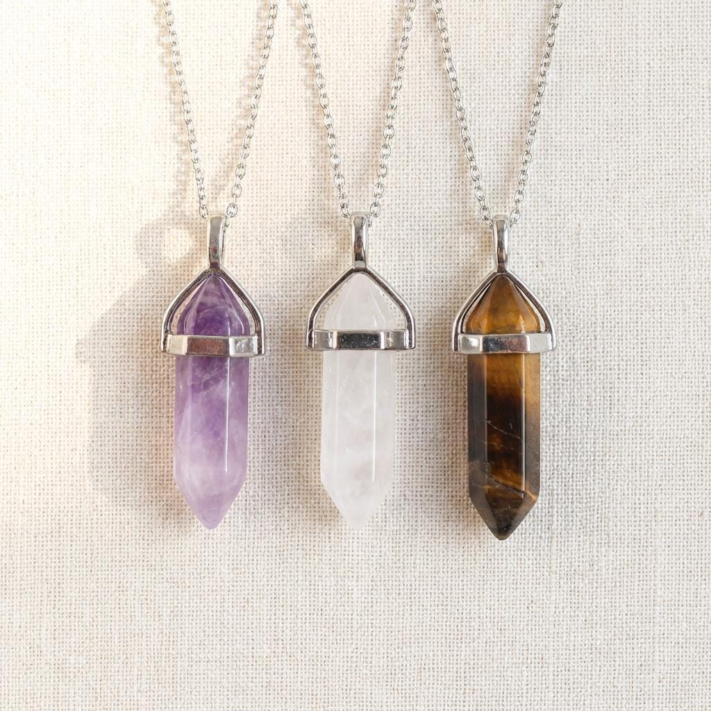 Hexagon Crystal Point Necklace, Amethyst Clear Quartz Tiger Eye