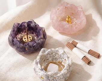 Lotus Incense Holder Set, Resin Ash Catcher, Crystal Chip Burner Decor