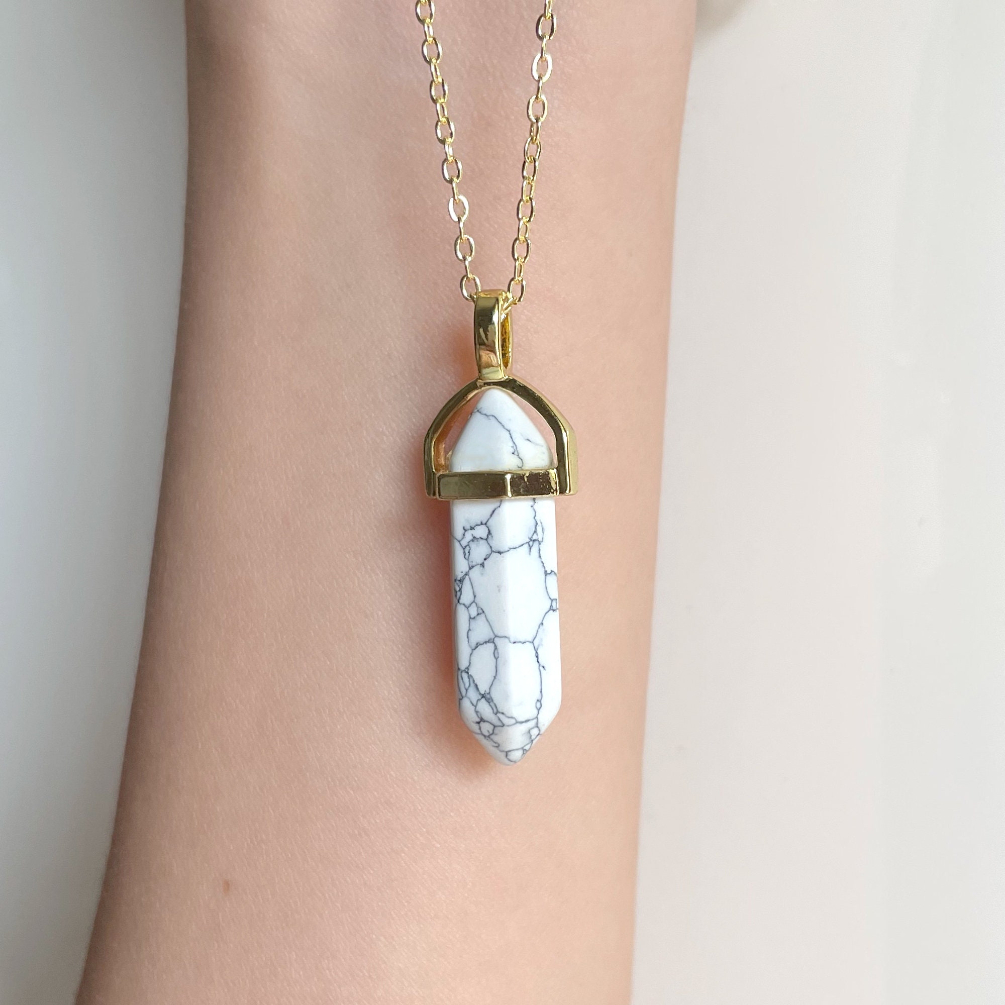 White Howlite Hexagon Point Necklace, Gold Tone Chain Pendant - Etsy