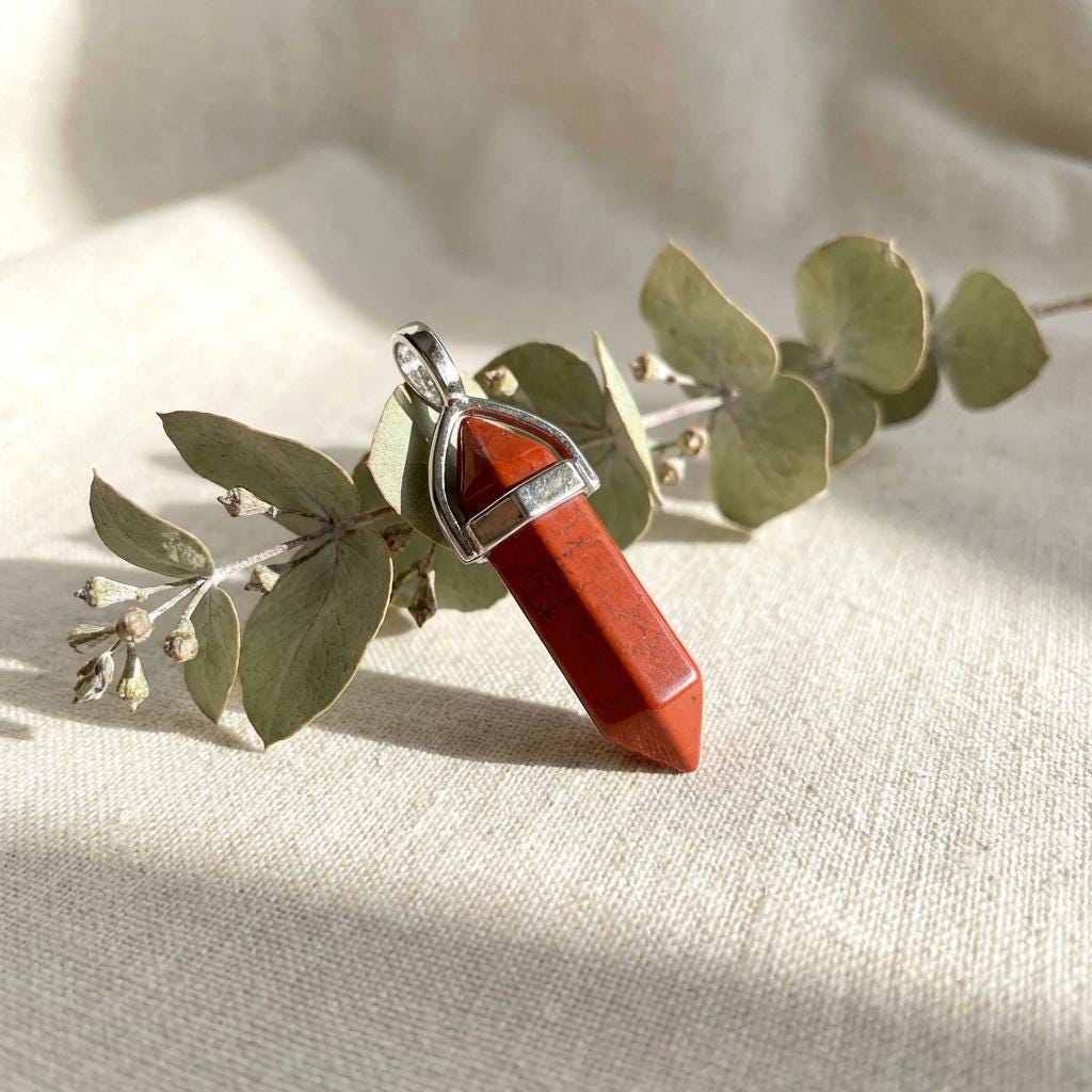 Red Jasper Hexagon Point Necklace, Jasper Pendant Necklace, Silver
