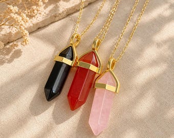 Handmade Crystal Point Necklace: Carnelian, Rose Quartz, Obsidian