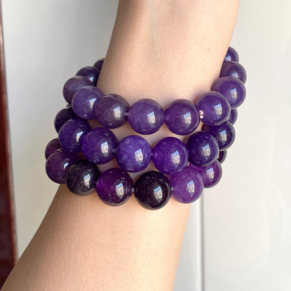 Bracciale In Pietre Naturali 8 Mm Per Donna, Elastico Regolabile 19 Cm, Viola, Con Scatola Regalo, Guarigione E Yoga