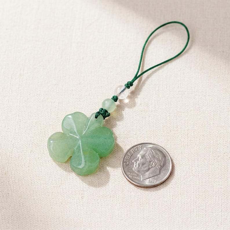 Green Aventurine Clover Phone Charm, Shamrock Bag Charm, Four Leaf Stone Accessory image 4
