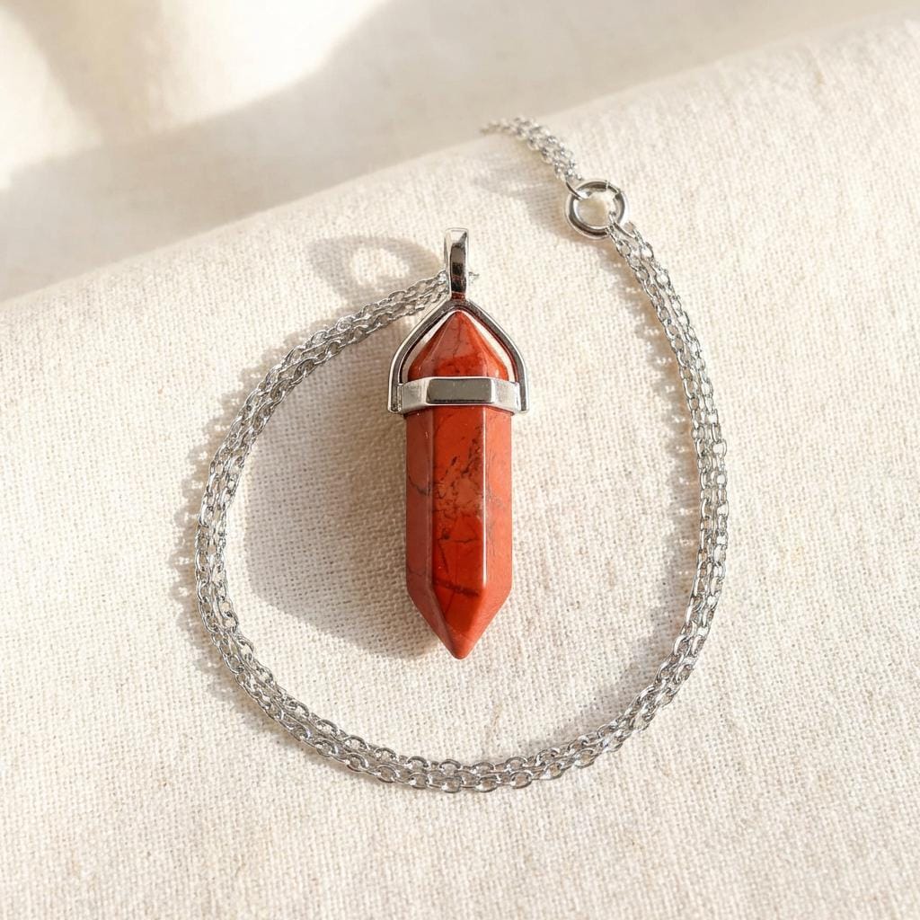 Red Jasper Hexagon Point Necklace, Jasper Pendant Necklace, Silver