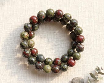 Bransoletka z koralików Dragon Blood Jasper 10 mm, rozciągliwa, zielony, czerwony kamień, prezent