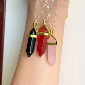 Natural Real Carnelian Necklace Gold necklace Rose Quartz Necklace Obsidian Necklace Red Agate Point Handmade Jewelry gifts for her