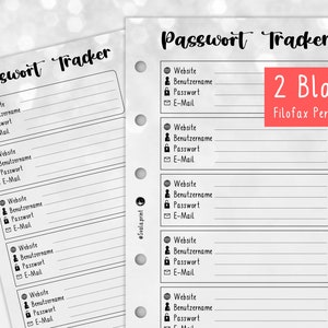 Könnte beinhalten: Ein schwarz-weißer druckbarer Passwort-Tracker für einen Filofax Personal-Planer. Der Tracker hat Abschnitte für Website, Benutzername, Passwort und E-Mail. Der Text auf der Seite lautet "Passwort Tracker" und "2 Blatt Filofax Personal".