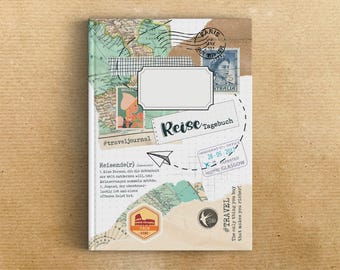 May include: A travel journal with a map, stamps, and a title that says "Reise Tagebuch". The journal is decorated with a vintage aesthetic and includes the text "#traveljournal" and "The only thing you buy that makes you richer!"
