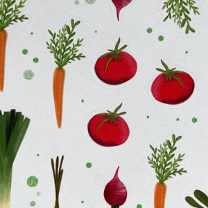 May include: A collection of colorful vegetable stickers, including red tomatoes, orange carrots, green leeks, and white onions. The stickers are on a white background with green dots.