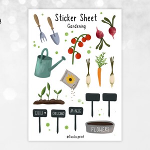 May include: A sticker sheet with a gardening theme. It features illustrations of gardening tools, plants, and vegetables, including a watering can, a trowel, a fork, a sunflower seed packet, tomato plants, radishes, carrots, onions, and seedlings. There are also labels for "Chili", "Oregano", "Minze", and "Flowers".