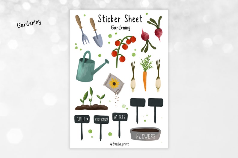May include: A sticker sheet with a gardening theme. It features illustrations of gardening tools, plants, and vegetables, including a watering can, a trowel, a fork, a sunflower seed packet, tomato plants, radishes, carrots, onions, and seedlings. There are also labels for "Chili", "Oregano", "Minze", and "Flowers".