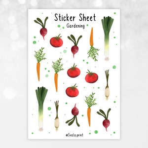 May include: Sticker sheet with illustrations of various vegetables, including carrots, radishes, tomatoes, and leeks. The sheet is titled "Sticker Sheet Gardening".