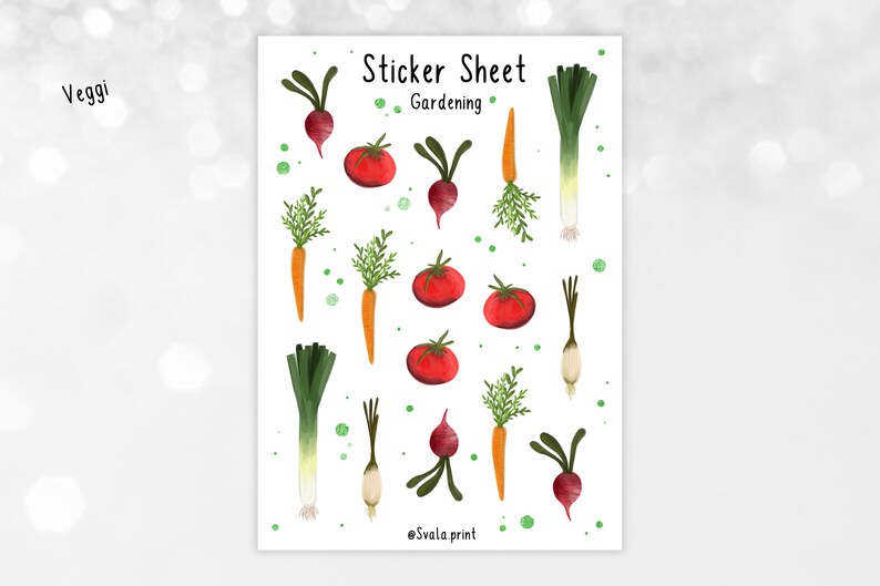 May include: Sticker sheet with illustrations of various vegetables, including carrots, radishes, tomatoes, and leeks. The sheet is titled "Sticker Sheet Gardening".