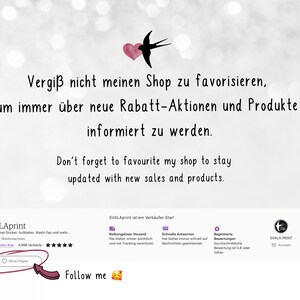 Może przedstawiać: Obraz z tekstem w języku niemieckim i angielskim, zachęcający do dodania sklepu do ulubionych, aby być na bieżąco z wyprzedażami i produktami. Zawiera grafikę serca i ptaka oraz szczeg&oacute;ły sklepu.