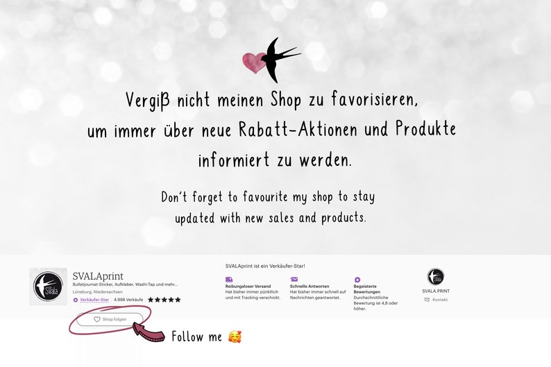 Może przedstawiać: Obraz z tekstem w języku niemieckim i angielskim, zachęcający do dodania sklepu do ulubionych, aby być na bieżąco z wyprzedażami i produktami. Zawiera grafikę serca i ptaka oraz szczeg&oacute;ły sklepu.