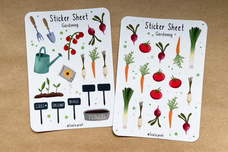 May include: Two sticker sheets with a gardening theme. The first sheet features a watering can, a trowel, a rake, a sunflower seed packet, a tomato plant, a radish, carrots, onions, and three plant markers that say "Chili", "Oregano", and "Minze". The second sheet features a leek, a radish, carrots, tomatoes, and onions. Both sheets have the text "Sticker Sheet Gardening" and the text "@Svala print".