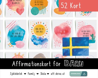 Affirmation cards (PDF) in Swedish for children to print out themselves | Strengthen self-confidence | DIN A6