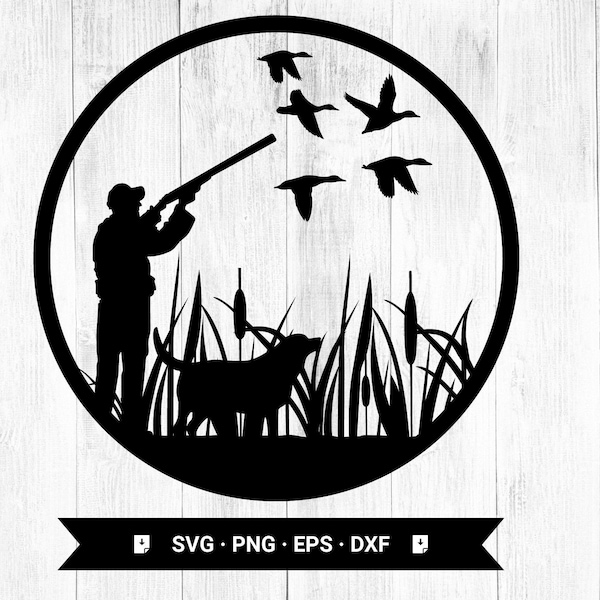 Svg chasse, chasse au canard, canard svg, clipart silhouette chien de chasse, homme de chasse au canard - Svg pour la Silhouette - png, dxf, eps cricut téléchargement numérique