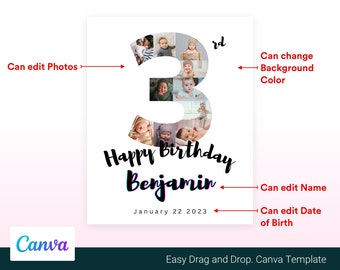 Canva de 3er cumpleaños, plantilla de tercer cumpleaños imprimible, descarga digital de canva completamente editable - Descarga instantánea