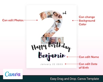 Canva de 2º cumpleaños, plantilla de segundo cumpleaños imprimible, descarga digital de canva completamente editable - Descarga instantánea