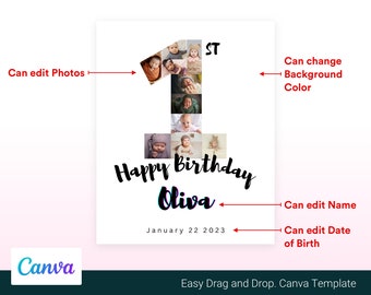 1er cumpleaños canva, plantilla de primer cumpleaños imprimible canva completamente editable Descarga digital - Descarga instantánea