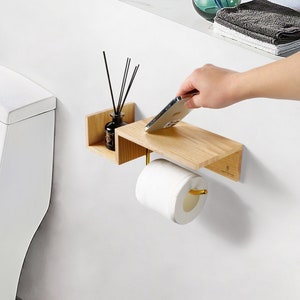 TOILET PAPER HOLDER with shelf | Bathroom wall mount farmhouse vintage | Wall mount brass and wood | Wooden paper holder