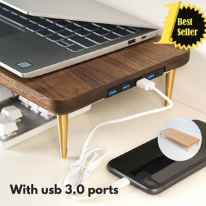 Wood Monitor Stand Computer Riser Solid Wood Desk Shelf for iMac and Computer Monitors with USB Ports image 1