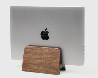 Laptop vertical stand - Vertical laptop holder - Black walnut wood laptop dock for macBook - Wooden desk accessories for home office decor