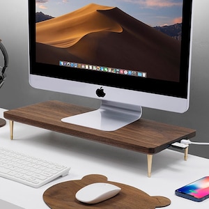 Walnut Wood Monitor Stand Computer Riser Solid Wood Desk Shelf for iMac and Computer Monitors with USB Ports