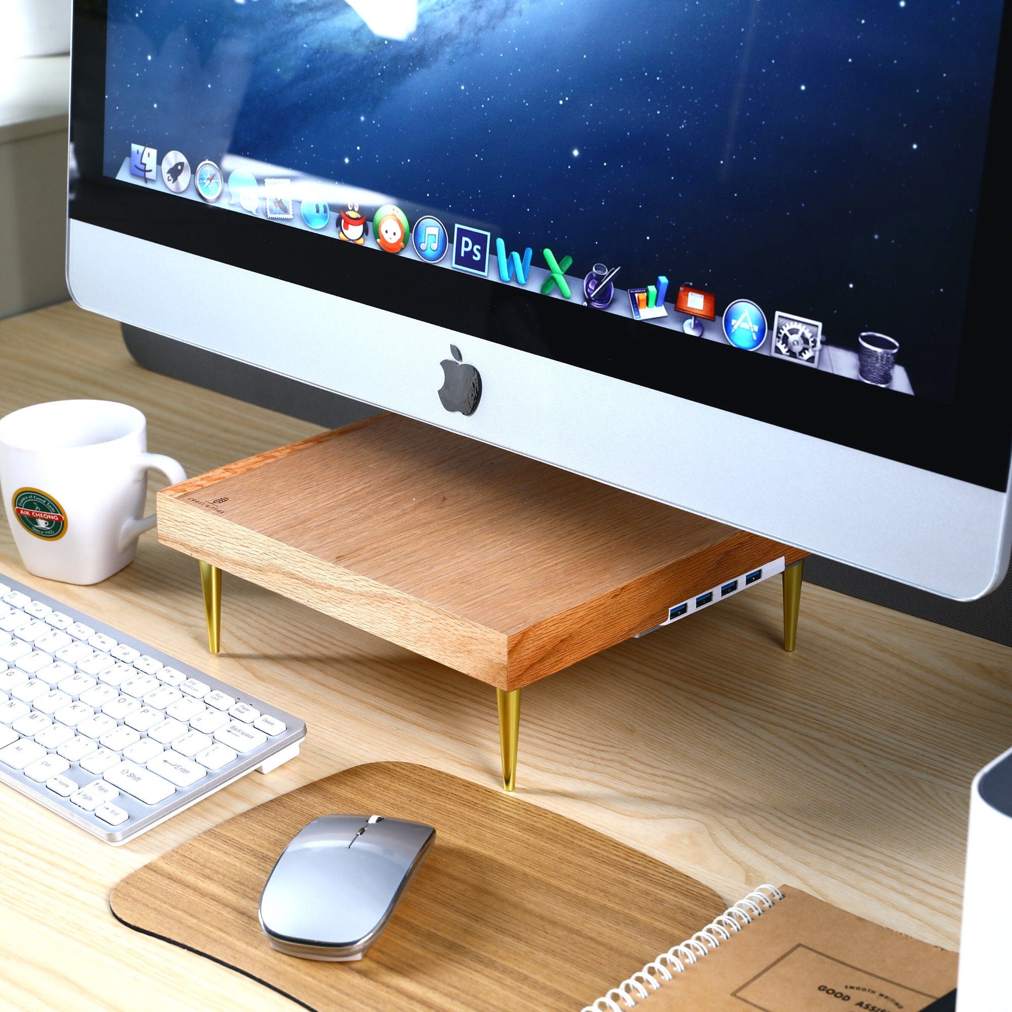 Red Oak Wood Monitor Stand Computer Riser Solid Wood Desk Etsy