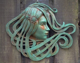 Áine (Awn-ya), Art Nouveau and Celtic inspired sculpture, beautiful female face with a hand-painted verdigris style effect