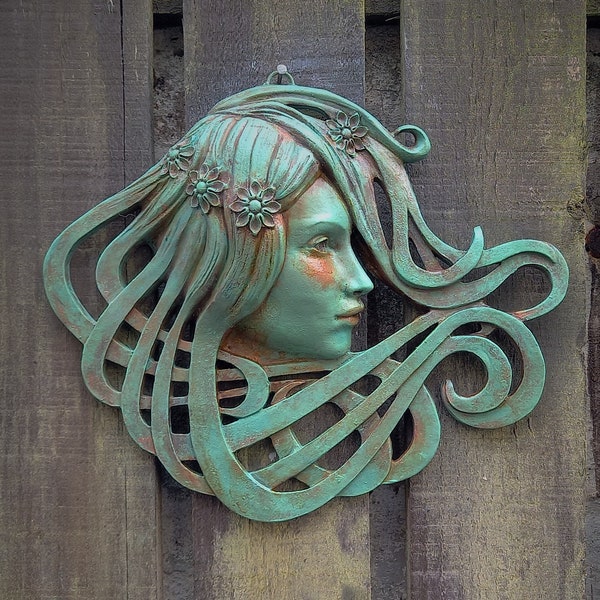 Áine (Awn-ya), Art Nouveau and Celtic inspired sculpture, beautiful female face with a hand-painted verdigris style effect