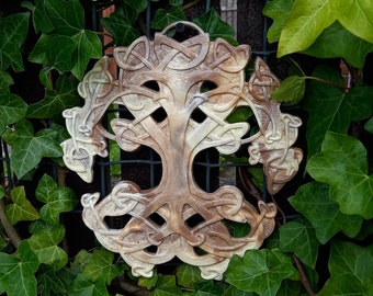 Celtic knotwork inspired Tree of Life, Yggdrasil, wall art with unique brown and cream pigment swirl finish