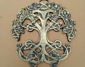 Celtic knotwork inspired Tree of Life, Yggdrasil, wall art in a hand painted Antique Gold or Burnished Silver effect