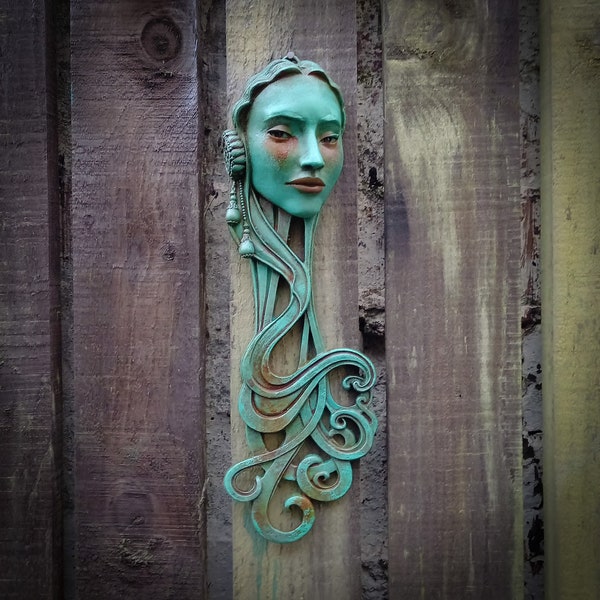 Emily, Art Nouveau inspired sculpture of beautiful female face with long stylised hair, hand painted Verdigris finish, one of a pair