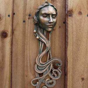 Emily, beautiful 3D female wall plaque with long Art Nouveau style hair, hand painted with a choice of three metallic finishes