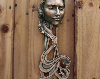 Emily, beautiful 3D female wall plaque with long Art Nouveau style hair, hand painted with a choice of three metallic finishes