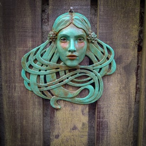 Saoirse (Sorsha) Art Nouveau inspired sculpted beautiful female face with hand painted faux Verdigris patina finish