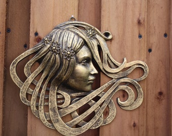 Áine (Awn-ya), Art Nouveau and Celtic inspired sculpture, beautiful female face with three choices of hand painted Metallic paint effects