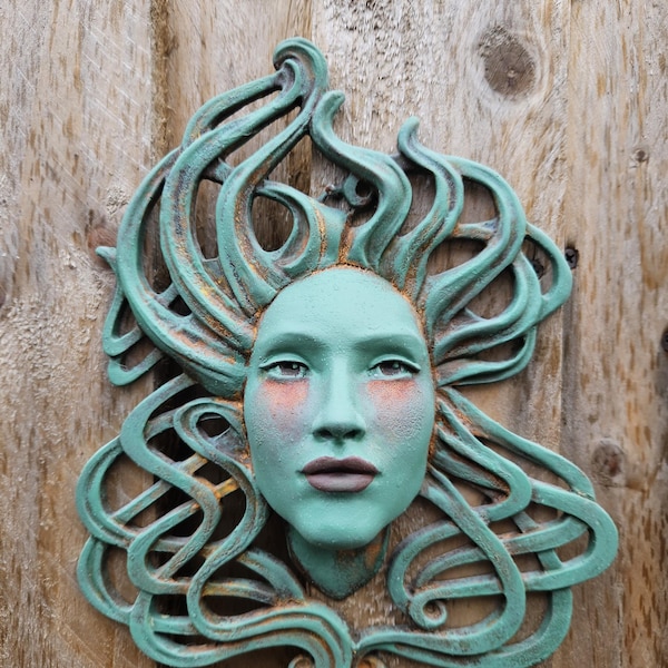 Isla, Celtic and Art Nouveau inspired Sculpture, Distressed Green, Blue or Grey Stone