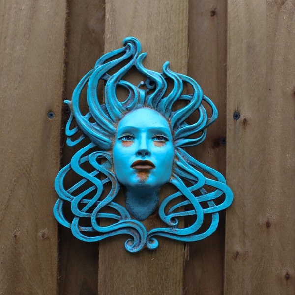 Isla, sculpted beautiful female face with Art Nouveau, Celtic inspired hair with a powder blue and rust distressed paint finish