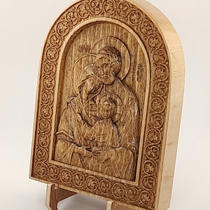 Wood Carved Holy Family Icon: Beech Wood, Dark Oak Stain